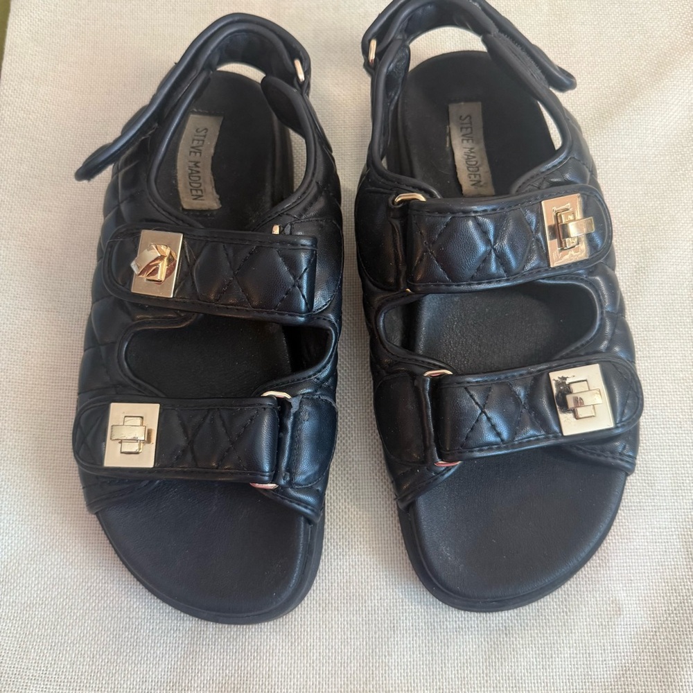 Steve Madden Black Quilted Leather Buckle Sandals with Gold Hardware